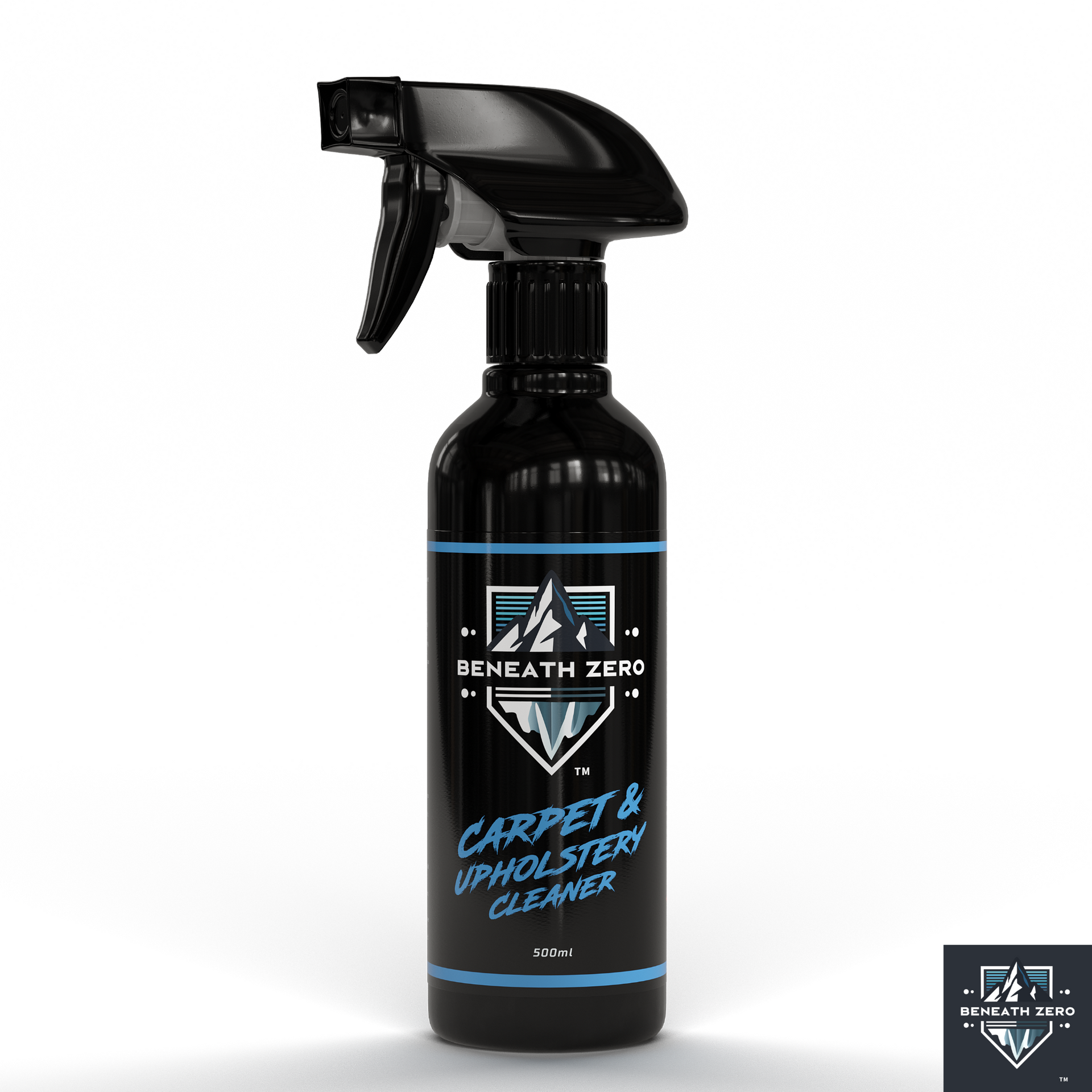 Black spray bottle labeled 'Beneath Zero Carpet & Upholstery Cleaner' on a white background