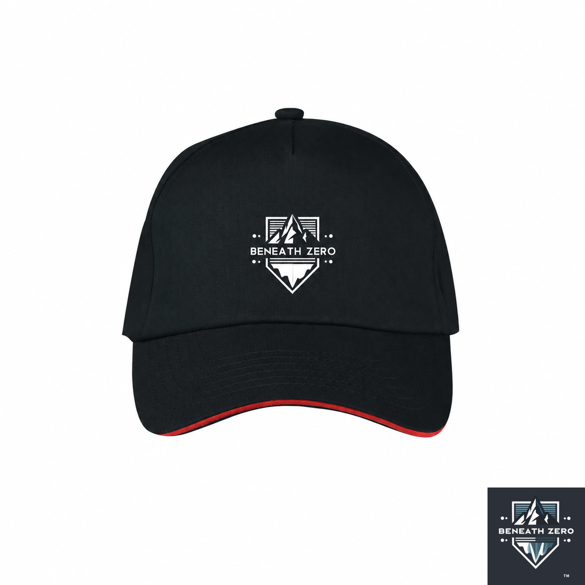 A black baseball cap with a white 'Beneath Zero' logo on the front and a thin red accent line along the curved brim, shown against a plain white background.