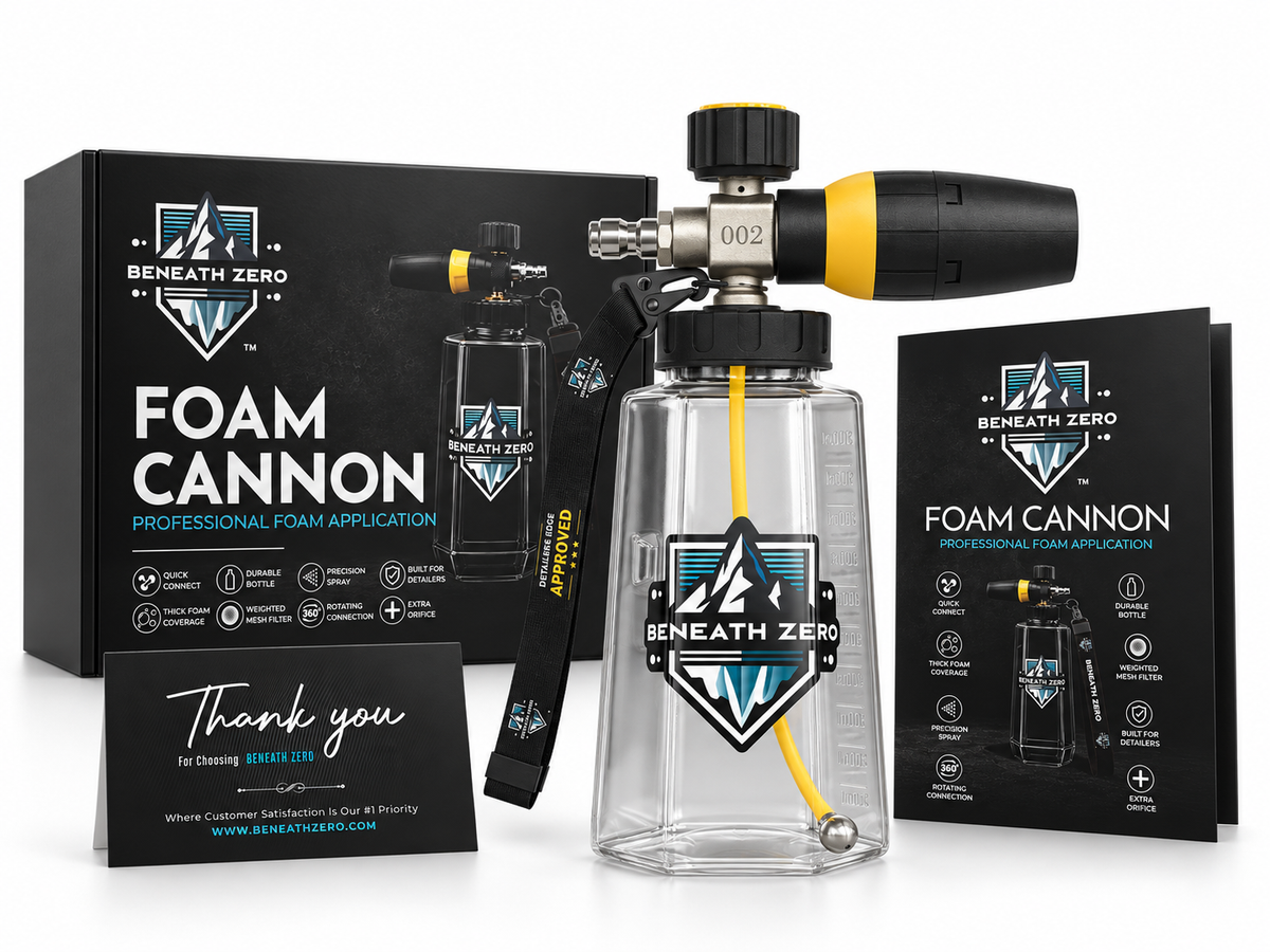Beneath Zero Professional Foam Cannon car detailing kit with pressure washer foam cannon, premium presentation box, instruction manual and thank you card.