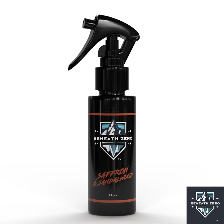 Beneath Zero Saffron and Sandalwood 1L – luxury car air freshener and interior fragrance spray with a warm woody scent