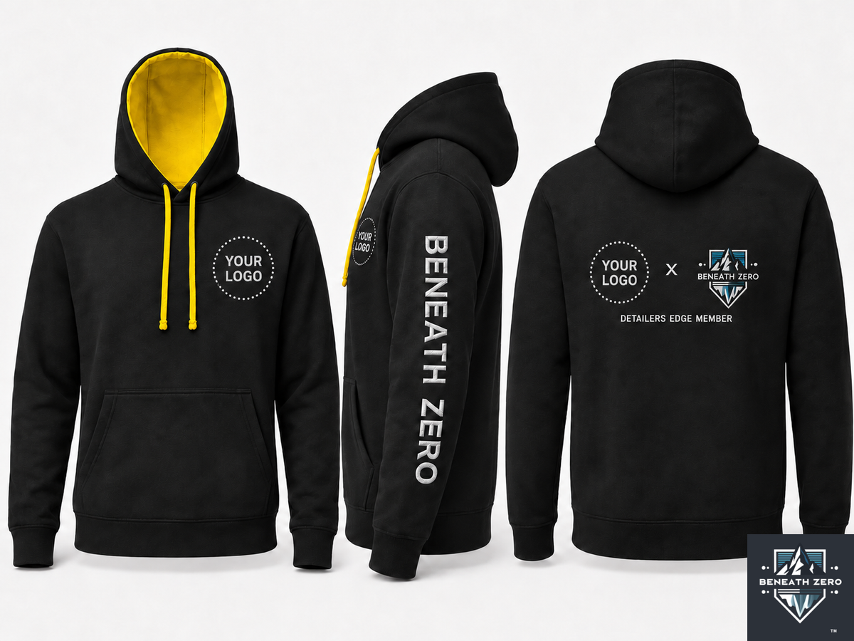 Beneath Zero branded sleeve on custom professional detailer hoodie