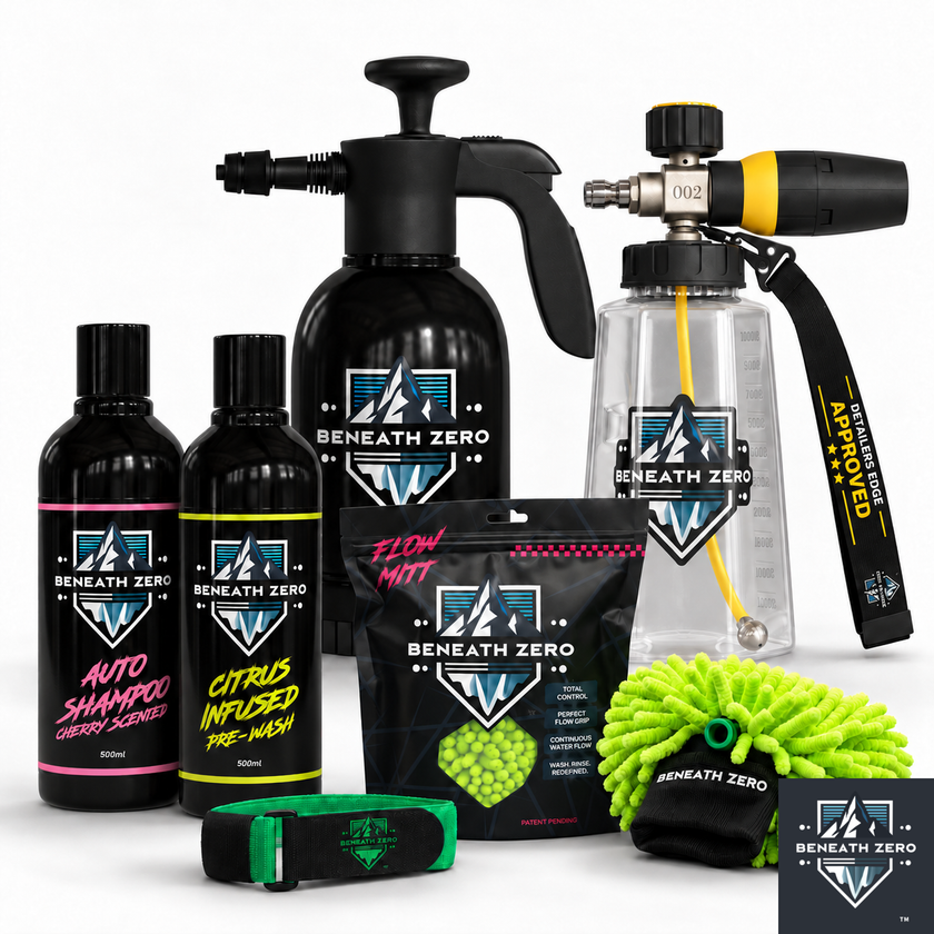 Beneath Zero car detailing bundle with 2L pressure sprayer, professional foam cannon, cherry auto shampoo, citrus pre-wash and Flow Mitt