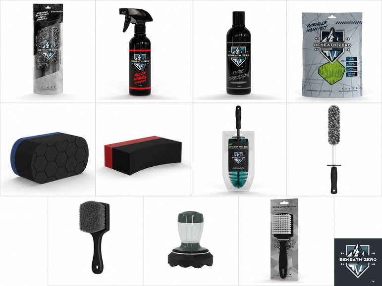 Beneath Zero complete wheel and tyre detailing kit with alloy wheel cleaner, tyre dressing, chenille wash mitt, wheel brushes and detailing applicators