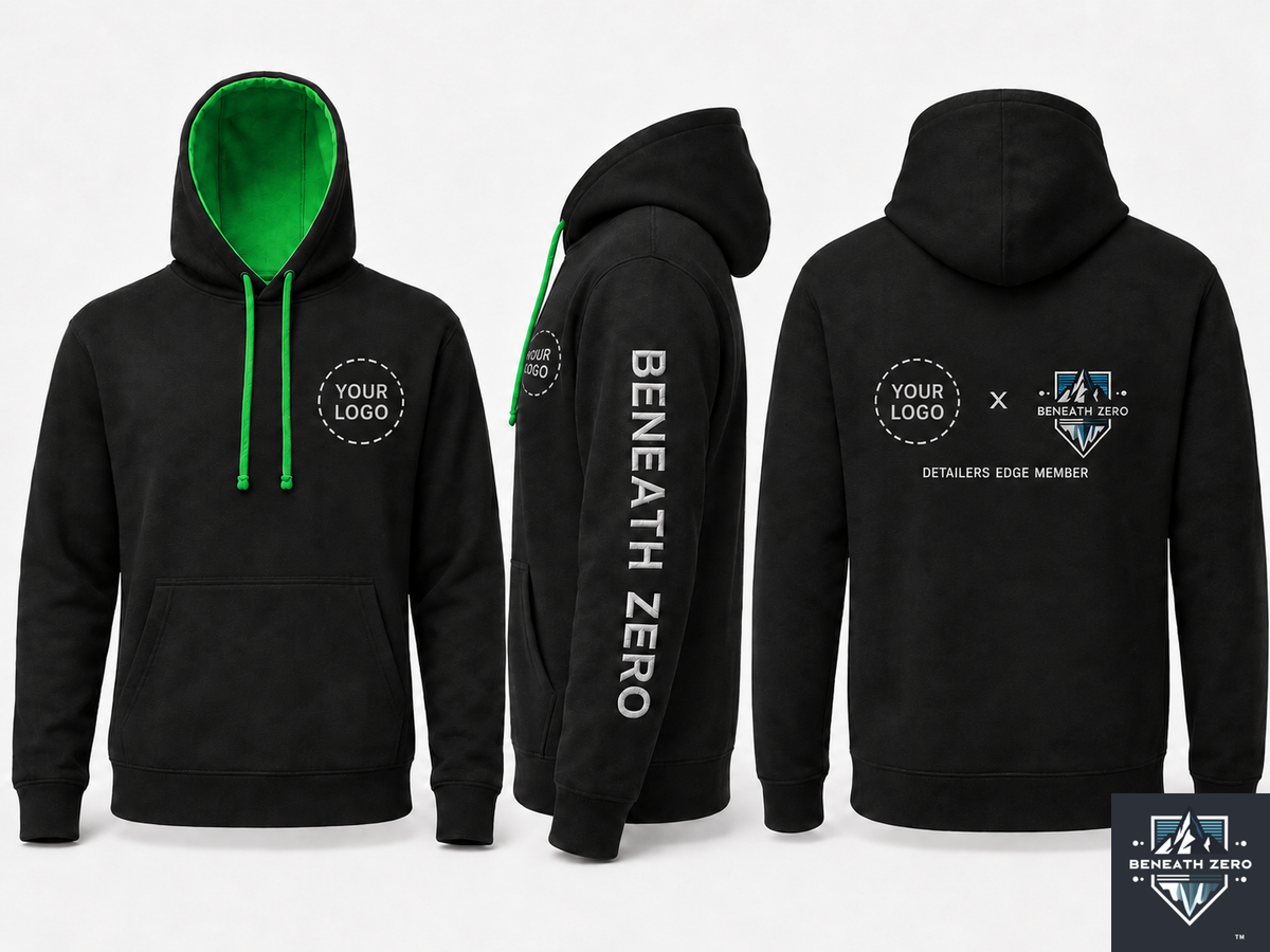 Beneath Zero sleeve branding and co-branded Detailers Edge back