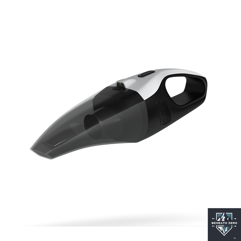 Black and silver handheld vacuum cleaner on a white background with 'Beneath Zero' branding.