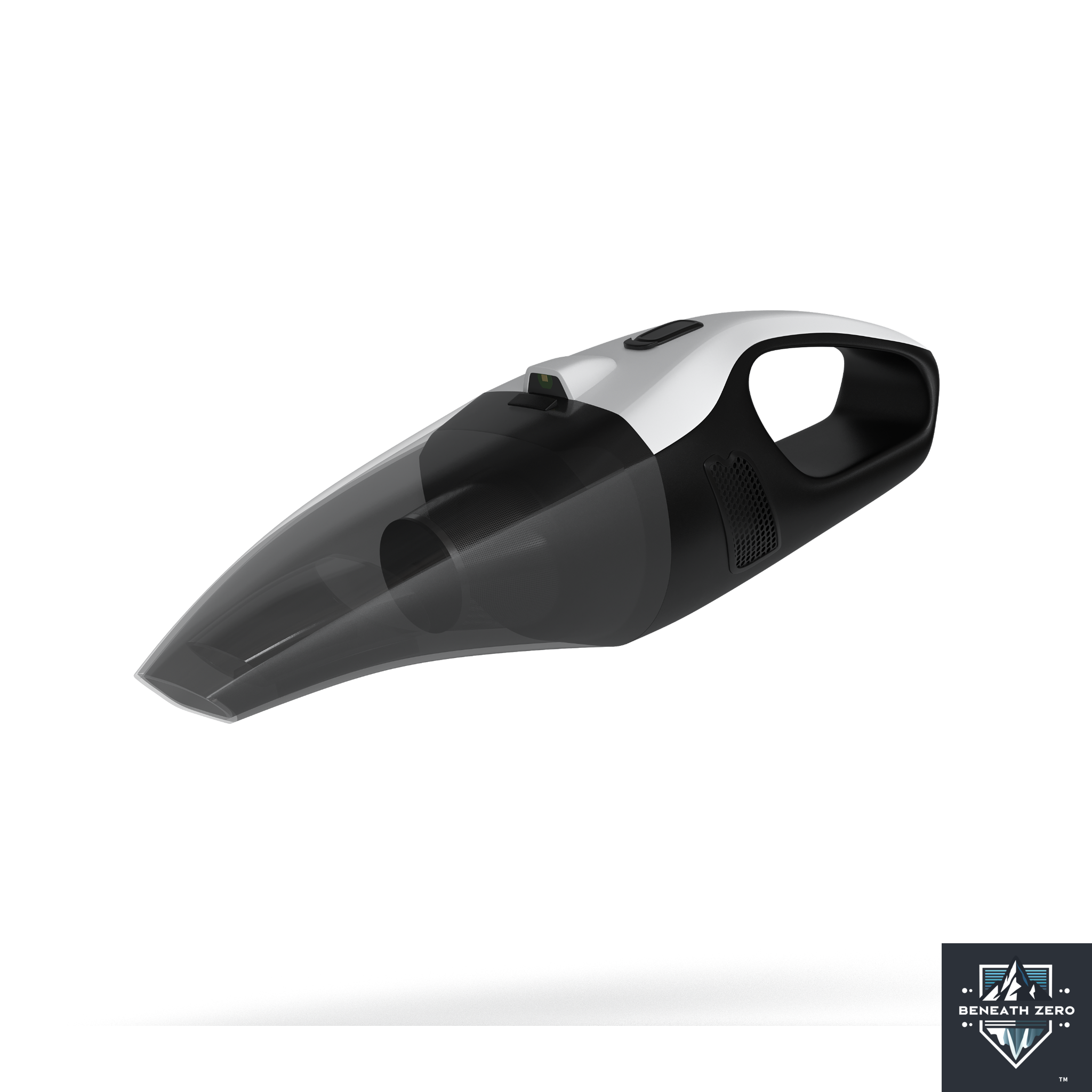 Black and silver handheld vacuum cleaner on a white background with 'Beneath Zero' branding.