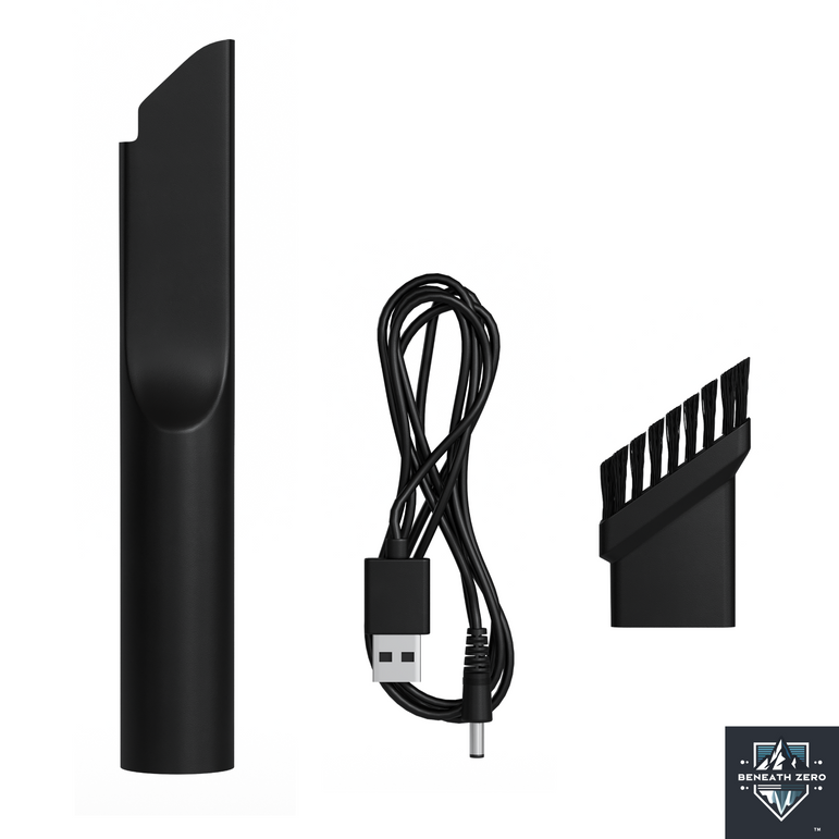 Black electronic components including a cylindrical device, a cable with USB connector, and a small fan on a white background.