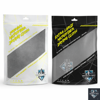 Two packages of microfiber drying cloths with branding on a white background