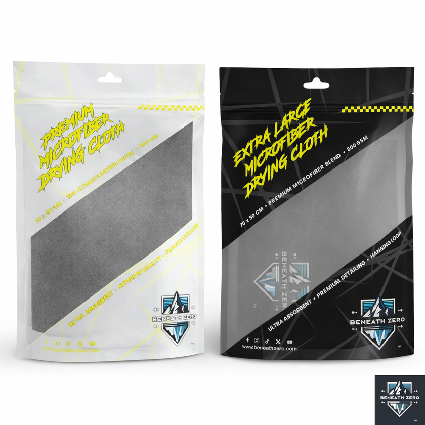 Two packages of microfiber drying cloths with branding on a white background