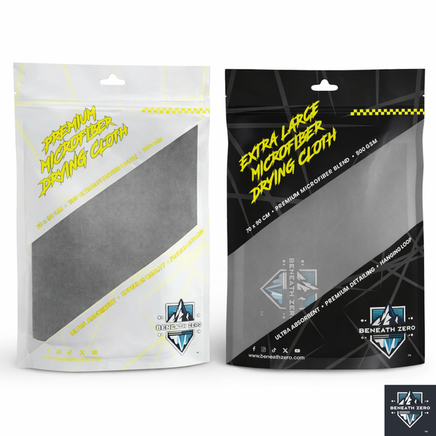 Two packages of microfiber drying cloths with branding on a white background