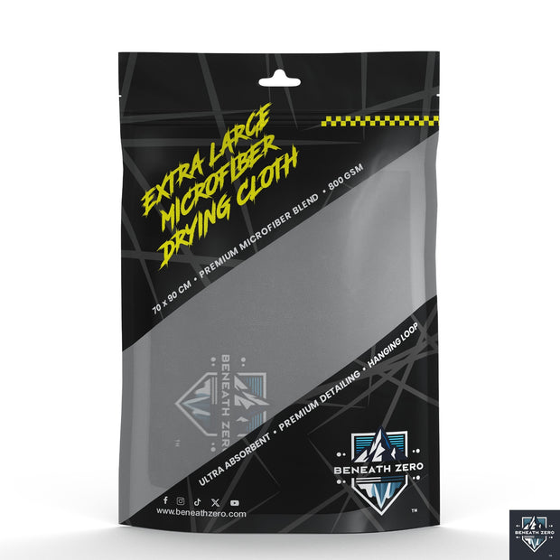 Packaging of an extra large microfiber drying cloth with brand logo on a white background