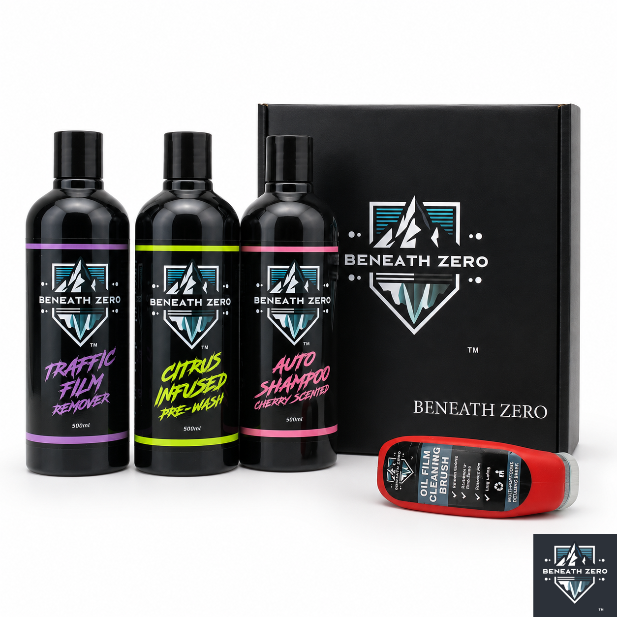 A Beneath Zero car care gift set featuring three black bottles of shampoo and wash liquids with purple, green, and pink labels, a black branded box, and a red-and-black oil cleaning bottle on a white background.