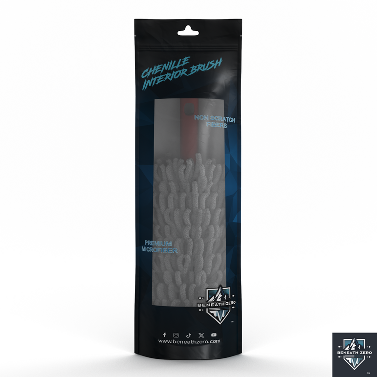 Chenille interior brush packaging with brand logo on a white background