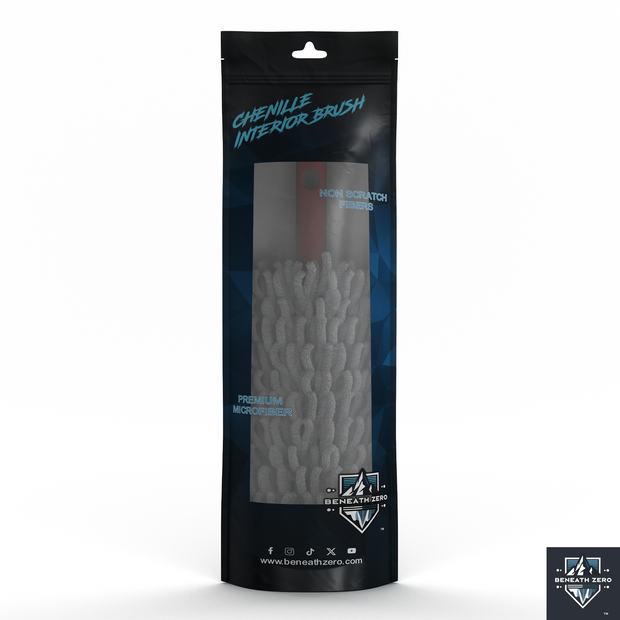 Chenille interior brush packaging with brand logo on a white background