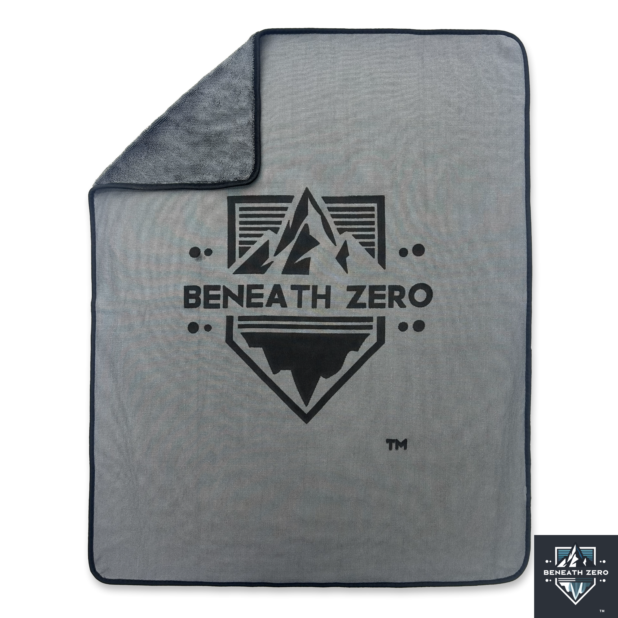 Gray car drying towel with 'Beneath Zero' logo on a white background