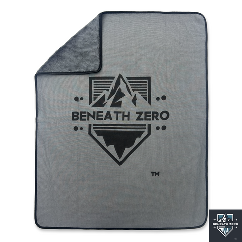 Gray car drying towel with 'Beneath Zero' logo on a white background