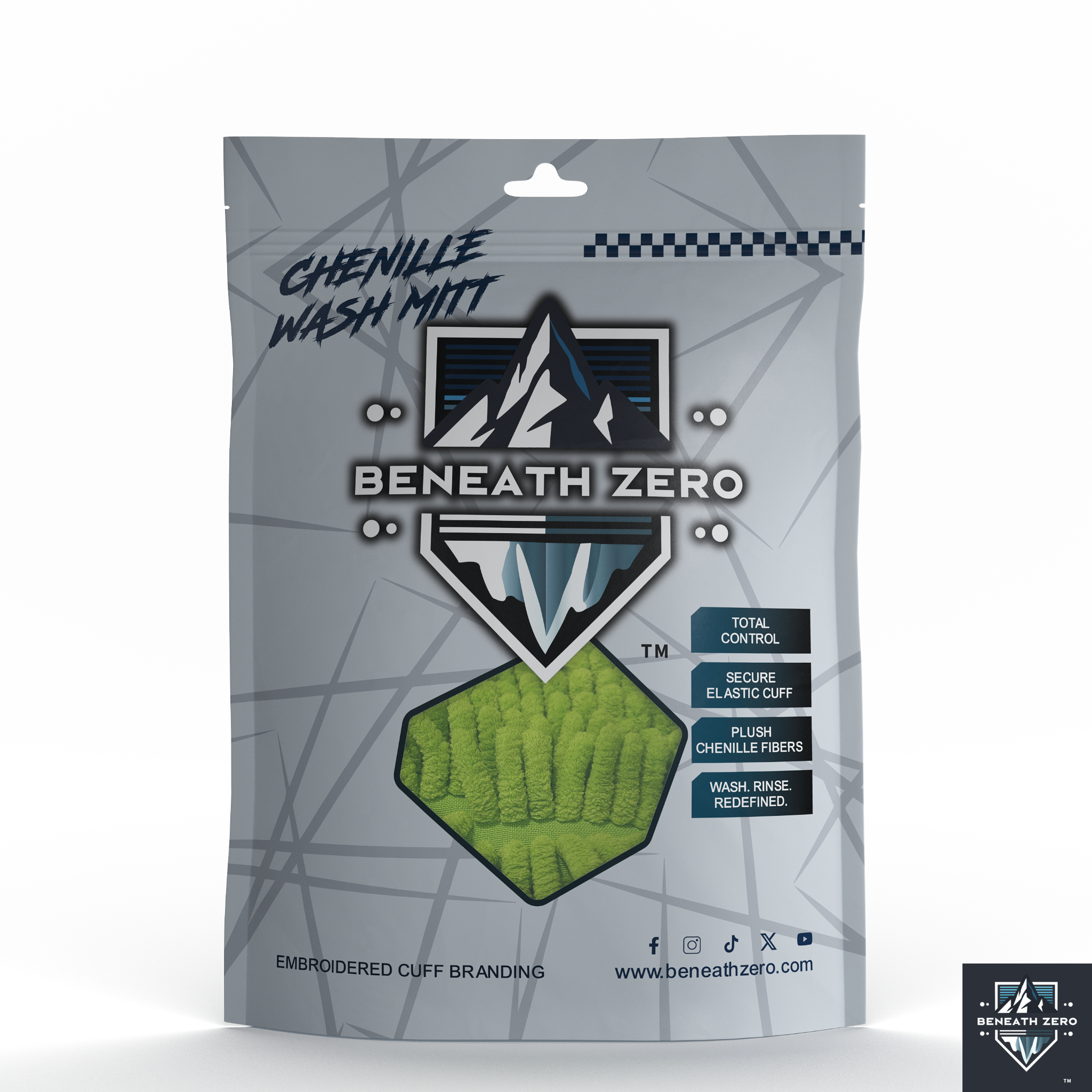 Beneath Zero chenille wash mitt packaging on a white background