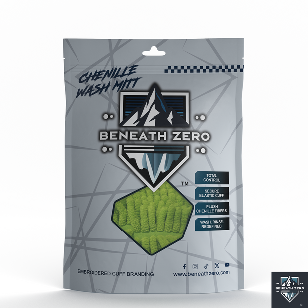 Beneath Zero chenille wash mitt packaging on a white background