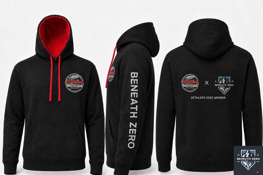 Custom car detailer hoodie with personalised business logo and Beneath Zero co-branding