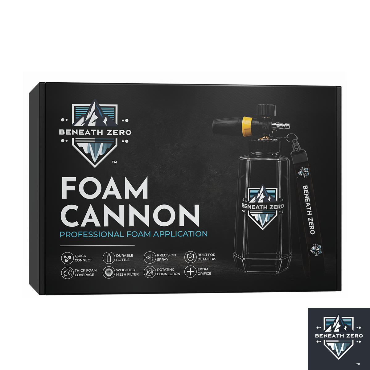 Beneath Zero Foam Cannon retail packaging box shown on a white background, with a foam cannon product pictured on the front and a small product-only logo badge in the bottom right corner.