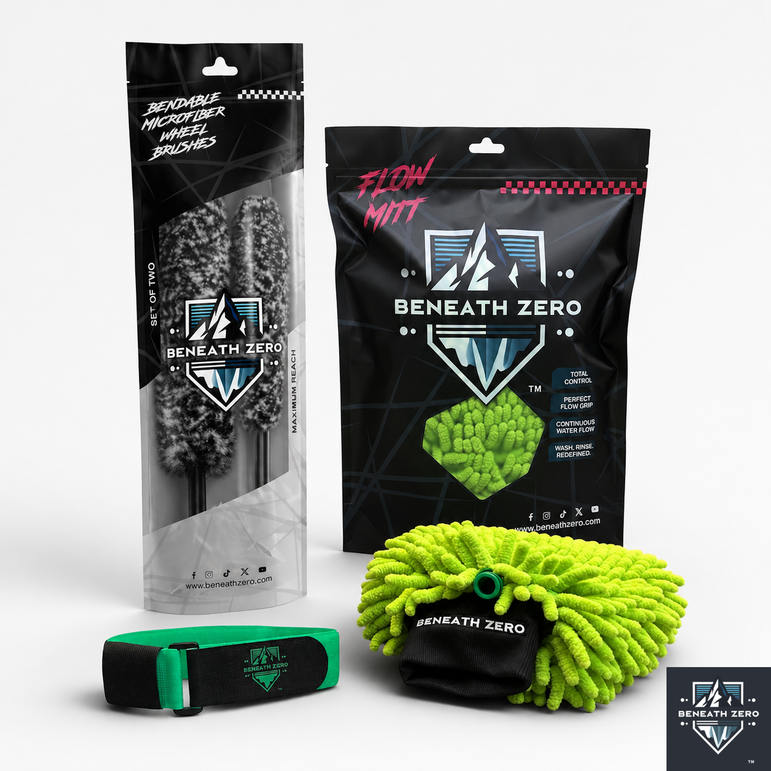 Beneath Zero pet grooming kit including a lime green microfiber cloth, a black and green brush in its packaging, a black flow mitt, and a black belt with a green buckle, all on a light gray background.