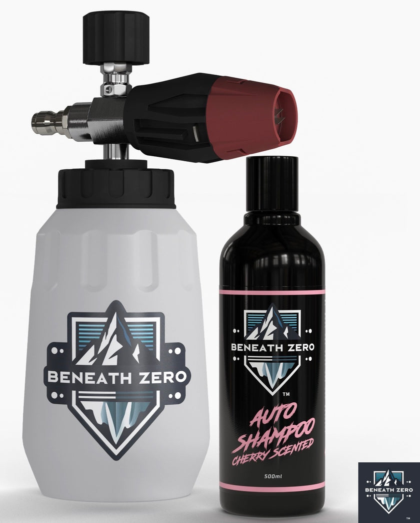 Two bottles of 'Beneath Zero' auto shampoo on a white background