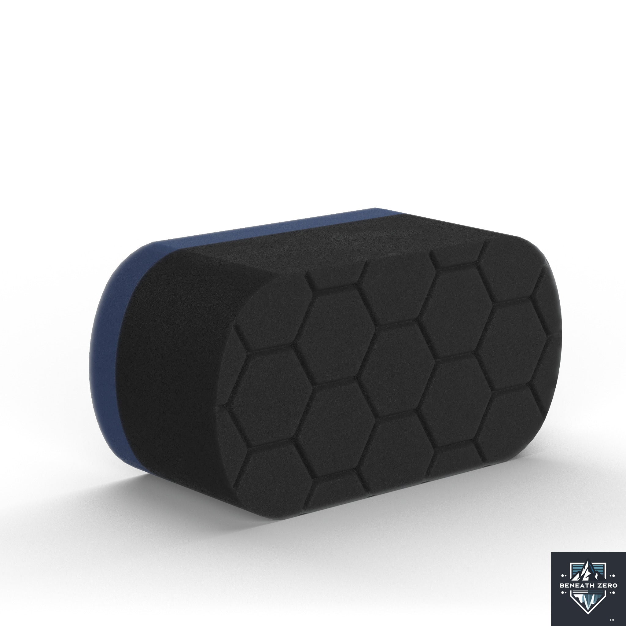 Black foam car tyre sponge with blue handle on a white background
