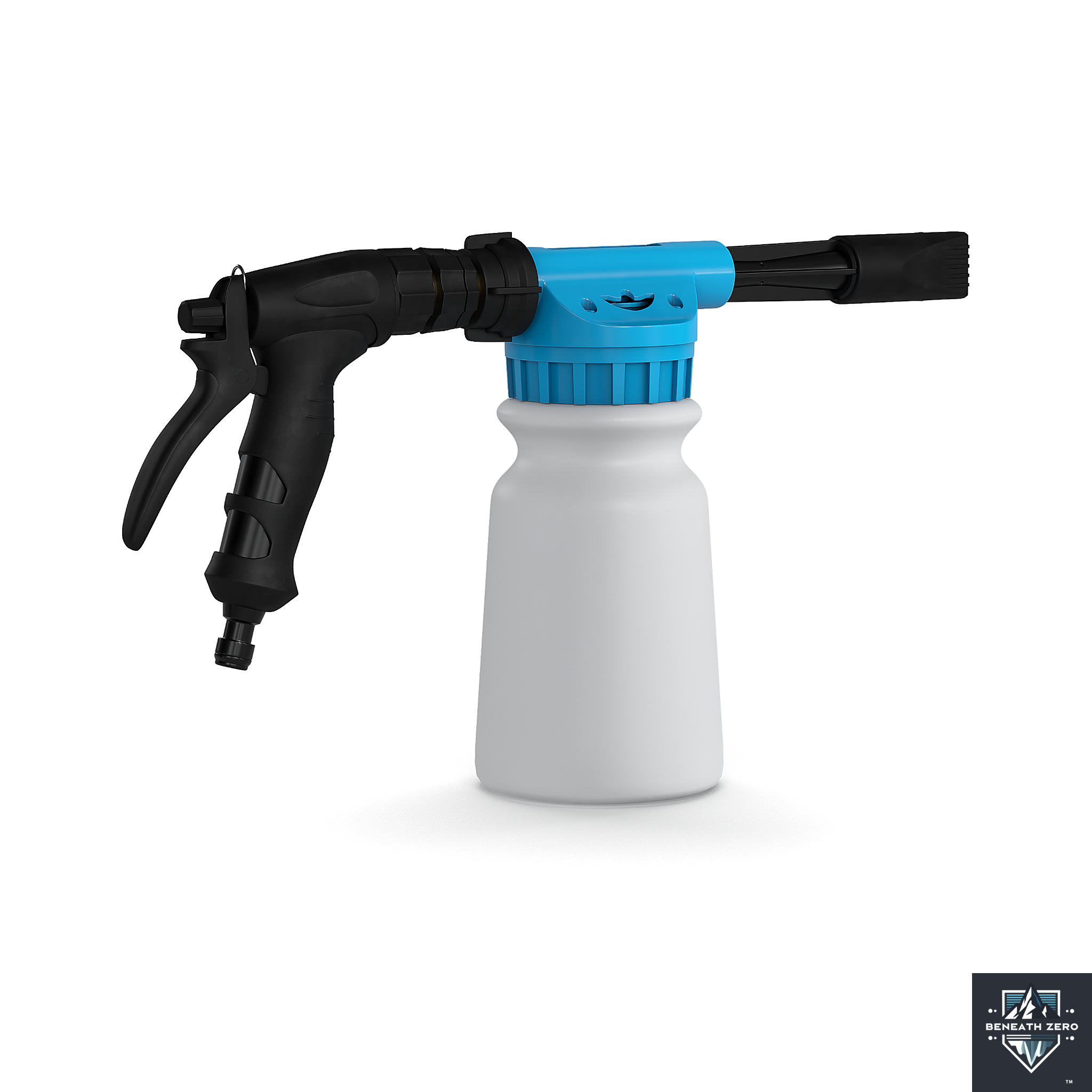 Foam sprayer attachment with white soap bottle for car washing and detailing
