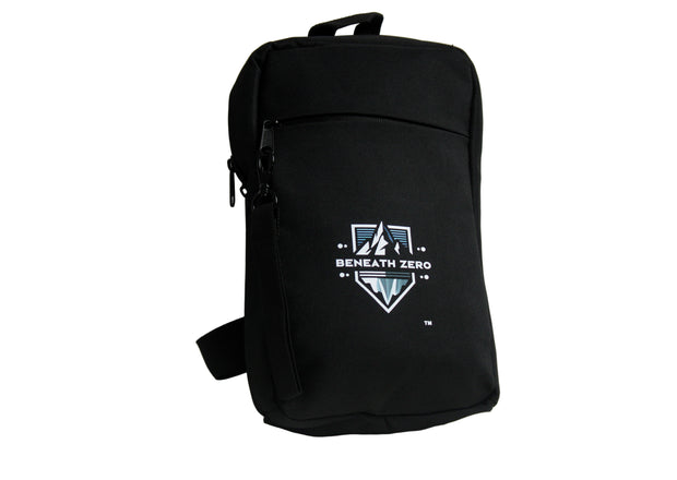 A black Beneath Zero cross chest bag with a logo on the front, featuring a streamlined silhouette design.