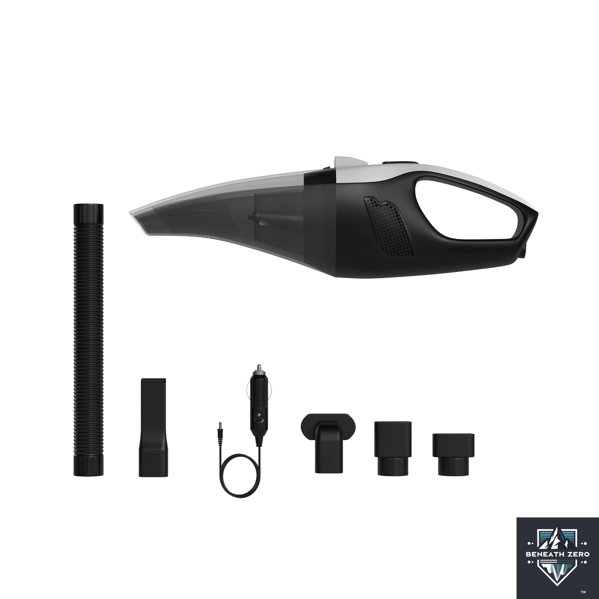 Black and silver handheld vacuum cleaner with attachments on a white background