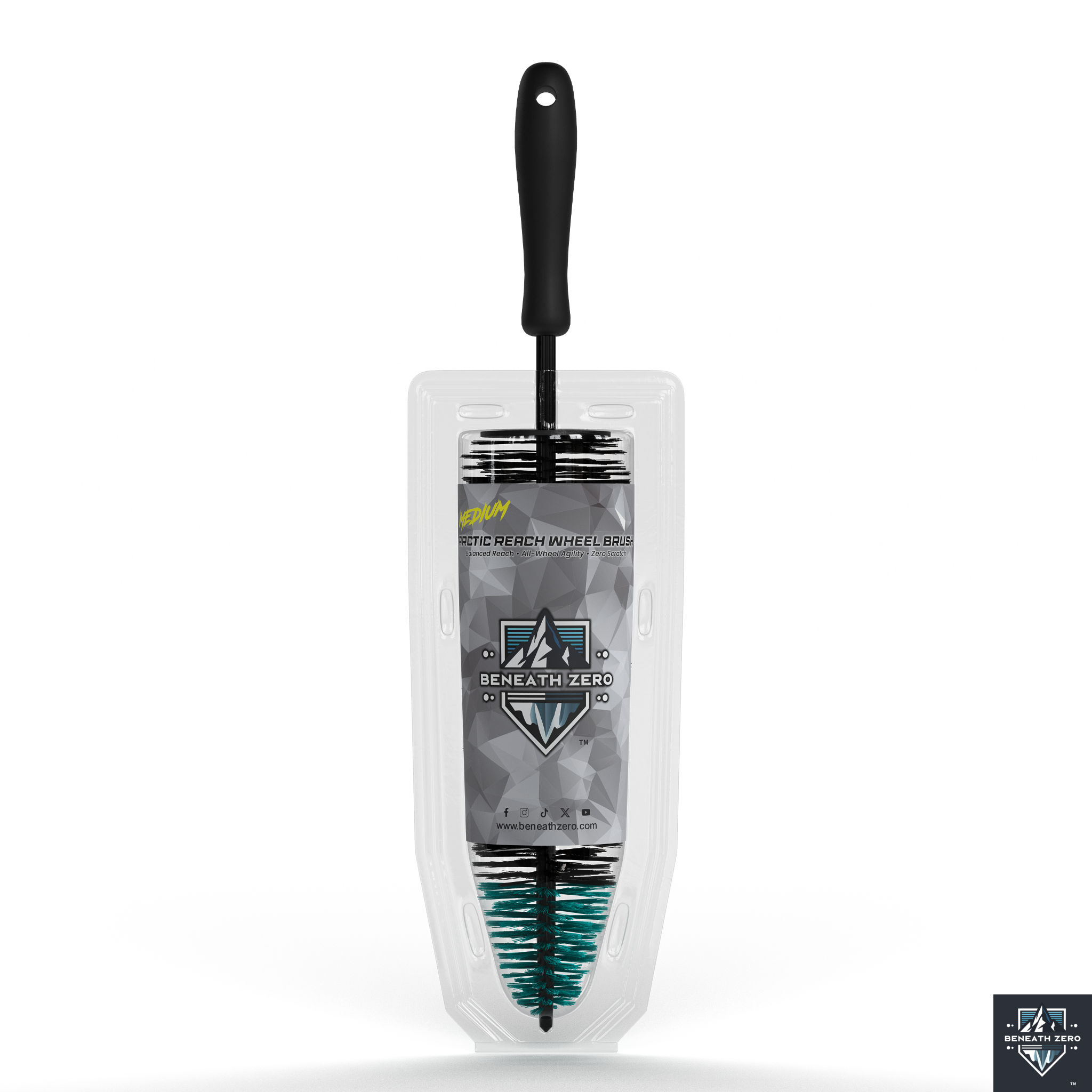 Telescopic beach wheel with black handle and clear packaging on a white background