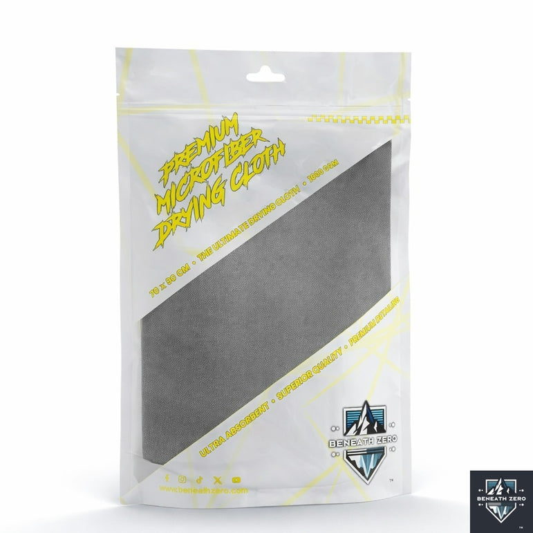 Packaged premium microfiber drying cloth with brand logo on a white background