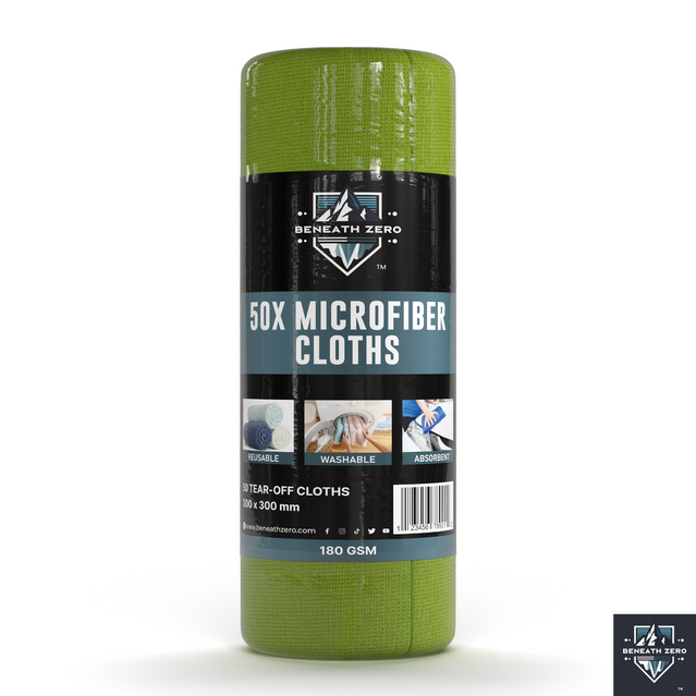 Roll of microfiber cloths with a green top and black label on a white background