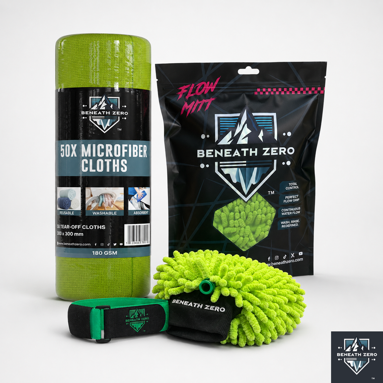 Beneath Zero 50X microfiber cloth cleaning kit including a roll of lime green microfiber cloths, a black Flow Mitt bag, and a green and black microfiber mitt on a light gray background.