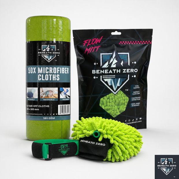 Beneath Zero 50X microfiber cloth cleaning kit including a roll of lime green microfiber cloths, a black Flow Mitt bag, and a green and black microfiber mitt on a light gray background.