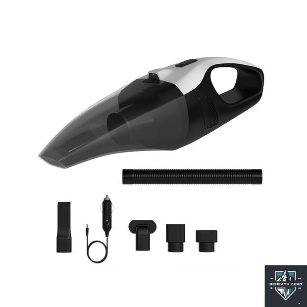 Black handheld vacuum cleaner with attachments on a white background