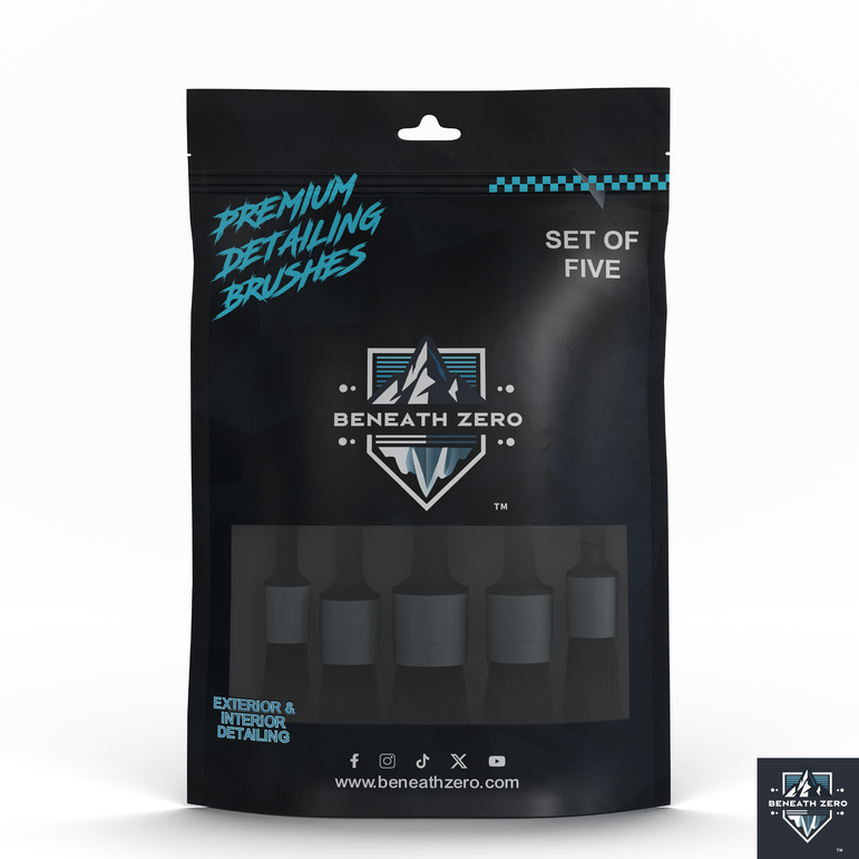 Packaging of 'Beneath Zero' premium detailing brushes set on a white background