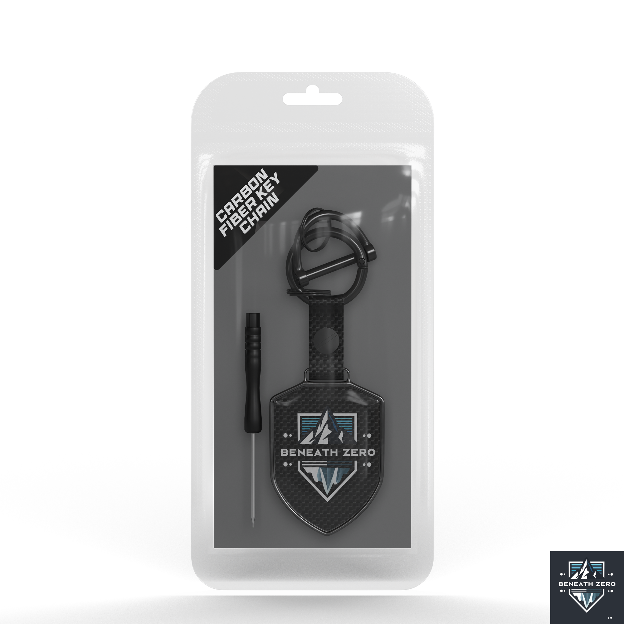 Keychain in packaging with 'Beneath Zero' branding on a white background