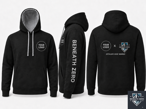 Rear of custom Detailers Edge hoodie with detailer and Beneath Zero logos