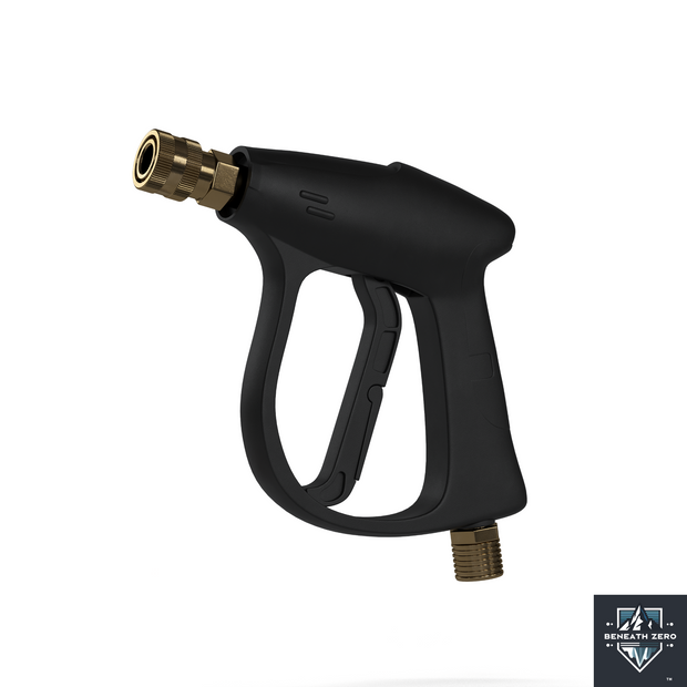 Black pressure washer gun with gold nozzle on a white background