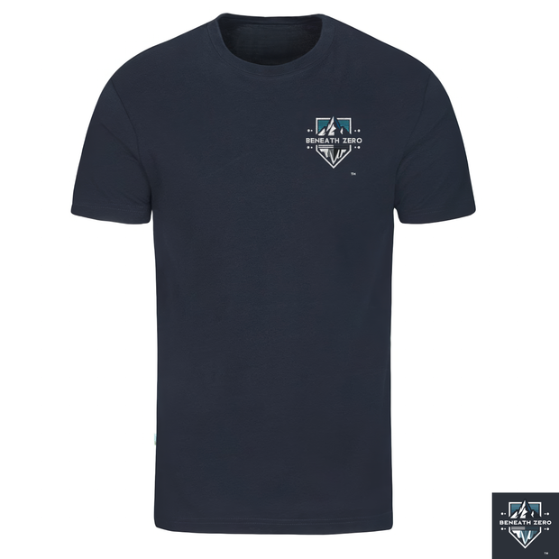 Navy blue t-shirt with a logo on the chest against a white background