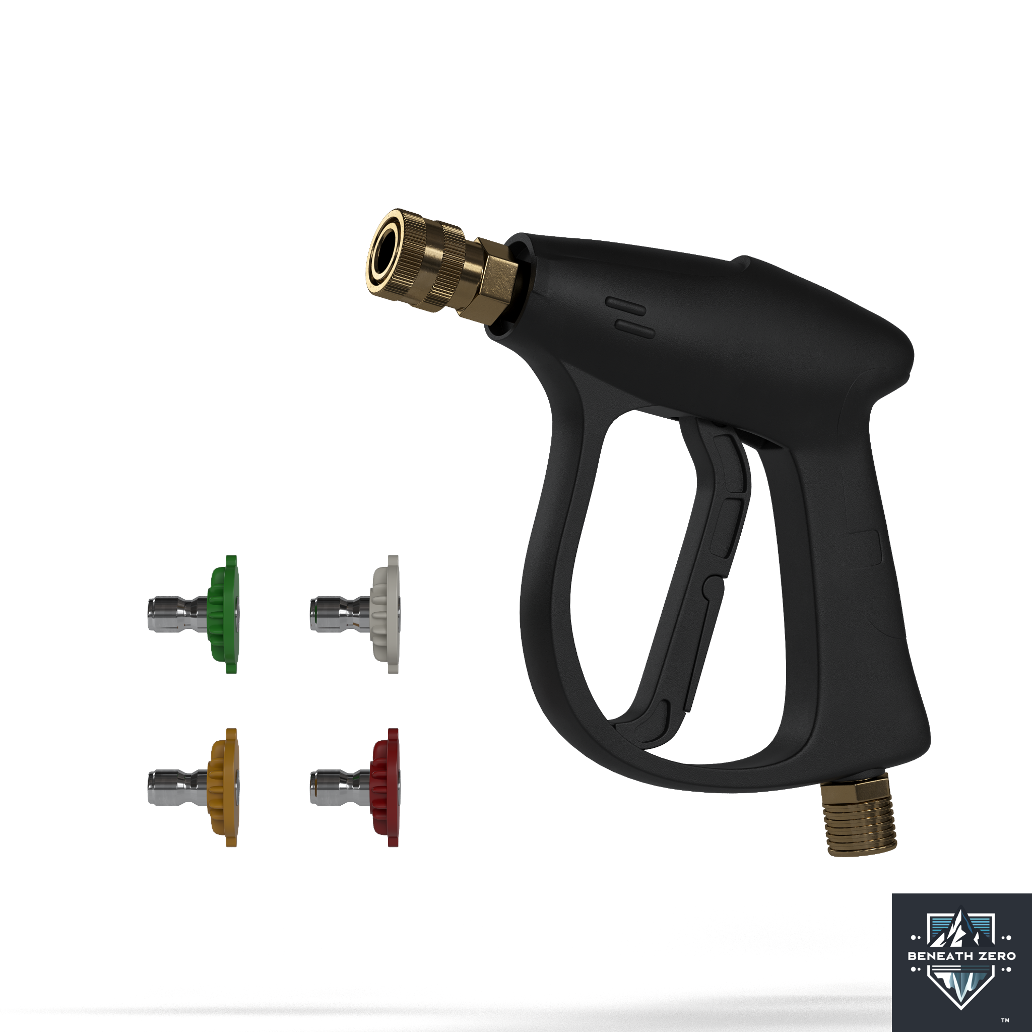Black high-pressure washer gun with interchangeable nozzles on a white background