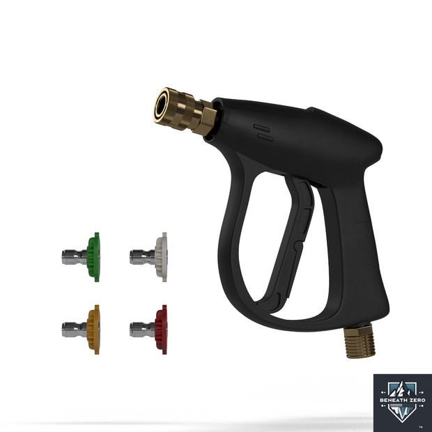 Black high-pressure washer gun with interchangeable nozzles on a white background