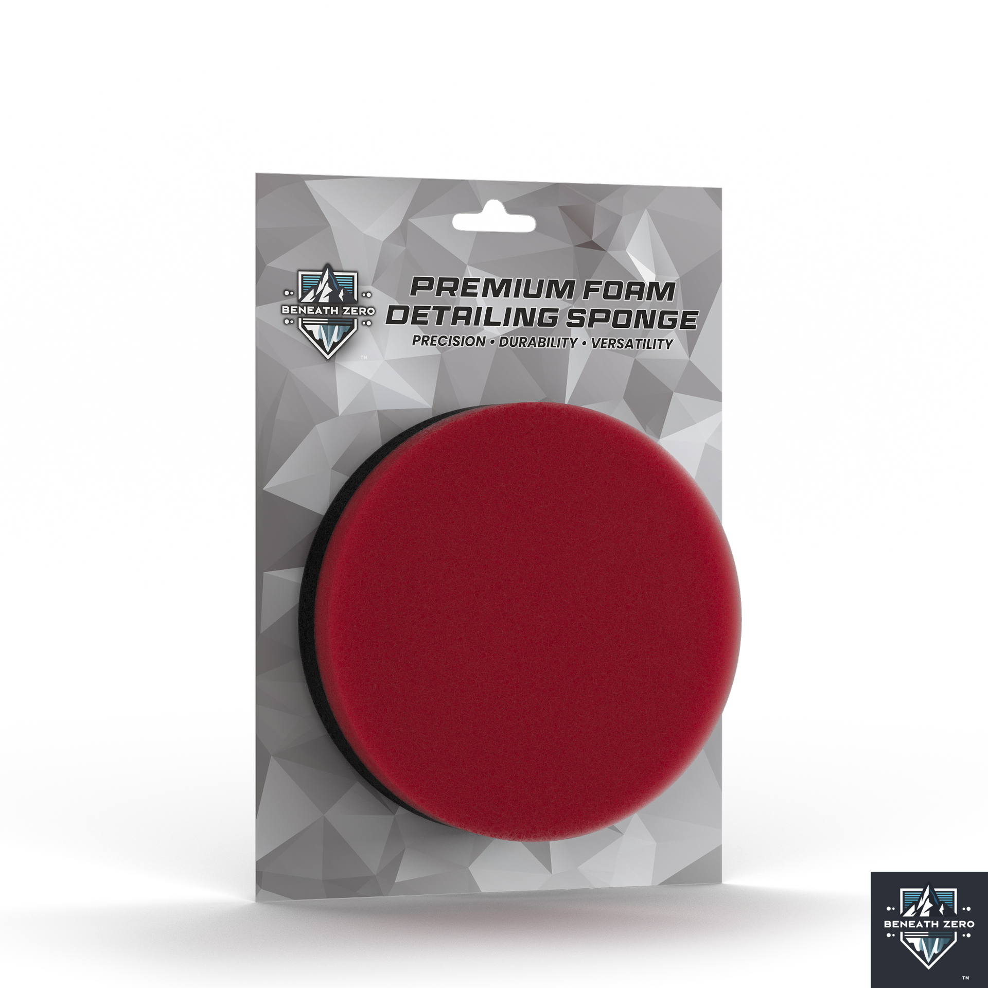 Red foam detailing sponge in packaging with brand logo on a white background