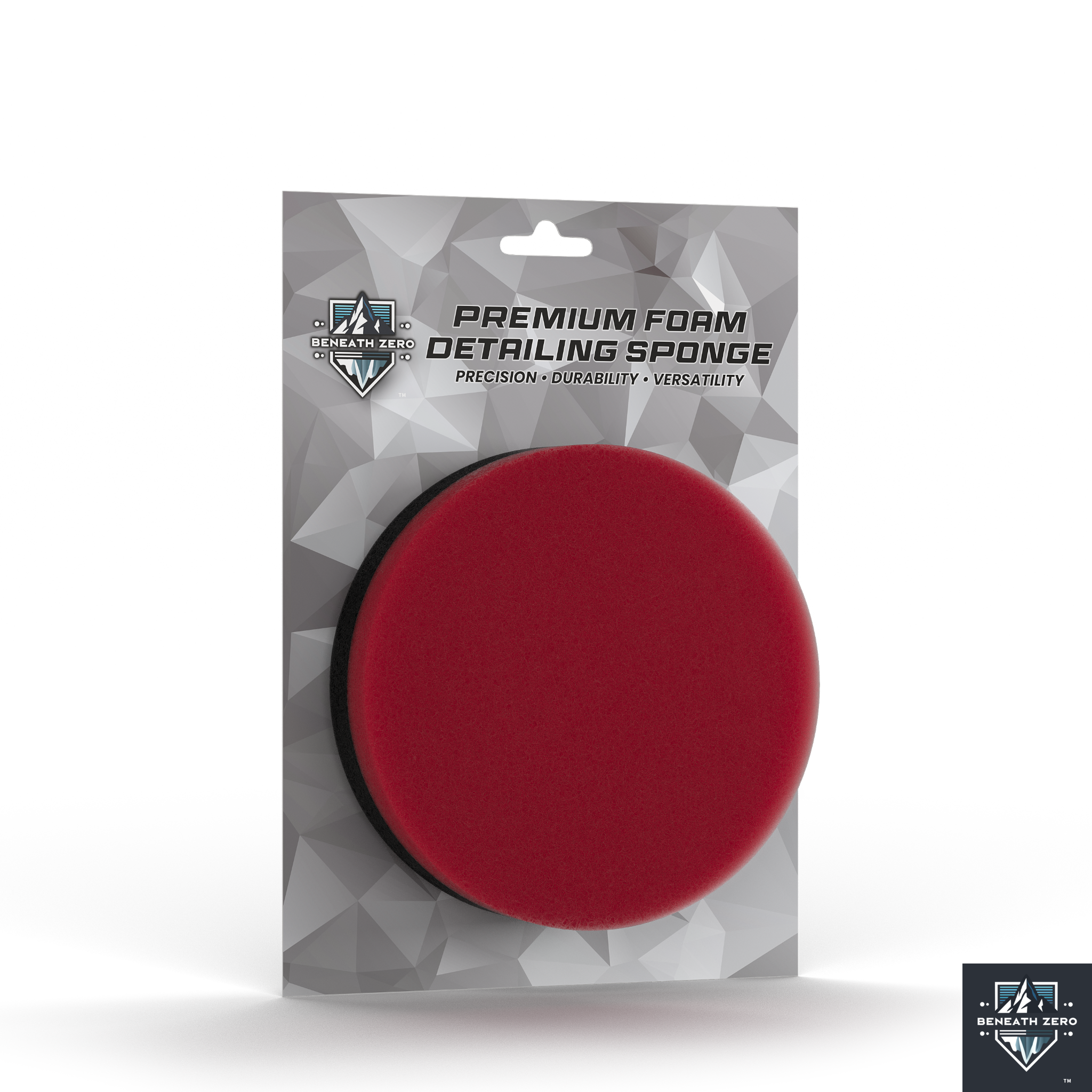 Red foam detailing sponge in packaging with brand logo on a white background