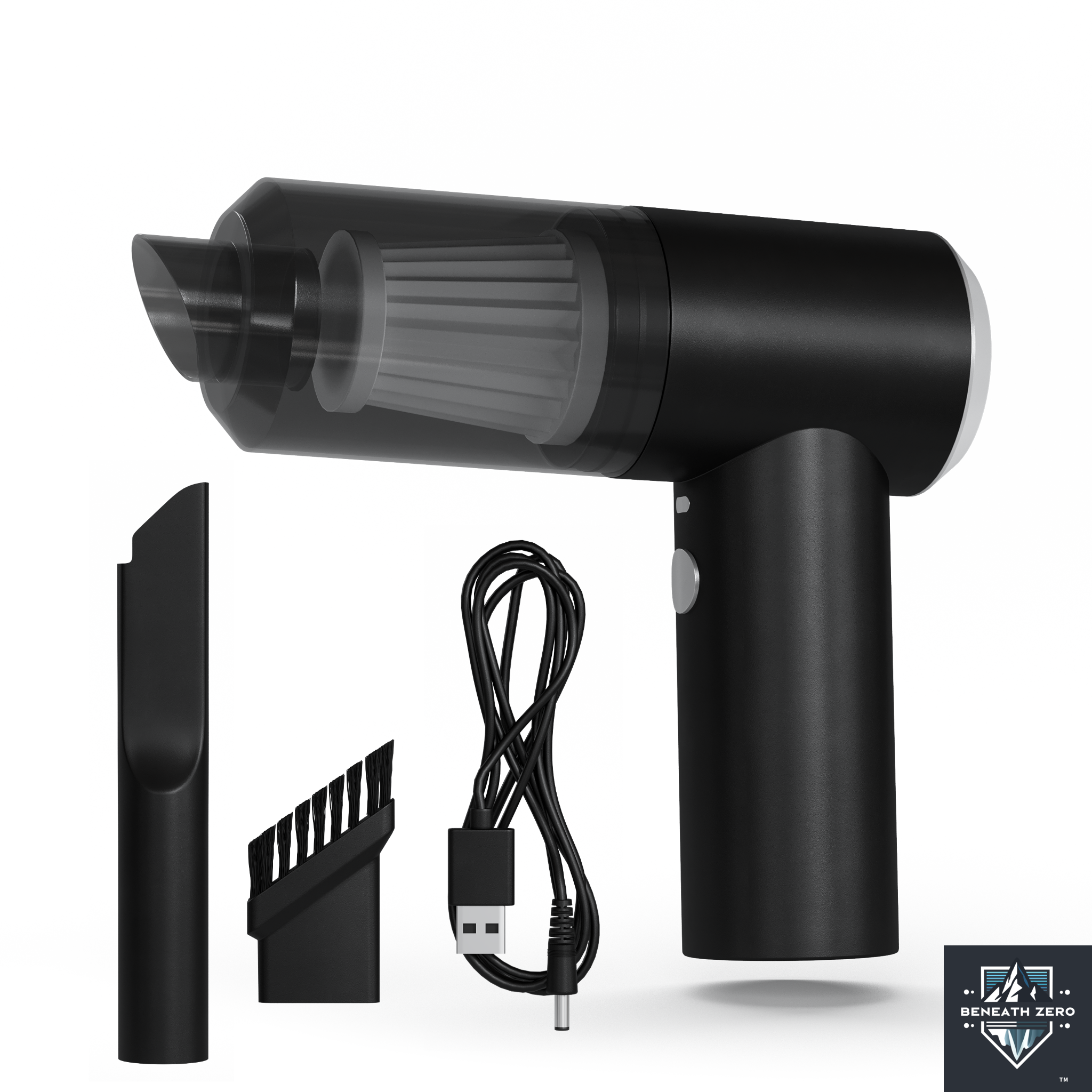 Black handheld vacuum cleaner with attachments and USB cable on a white background