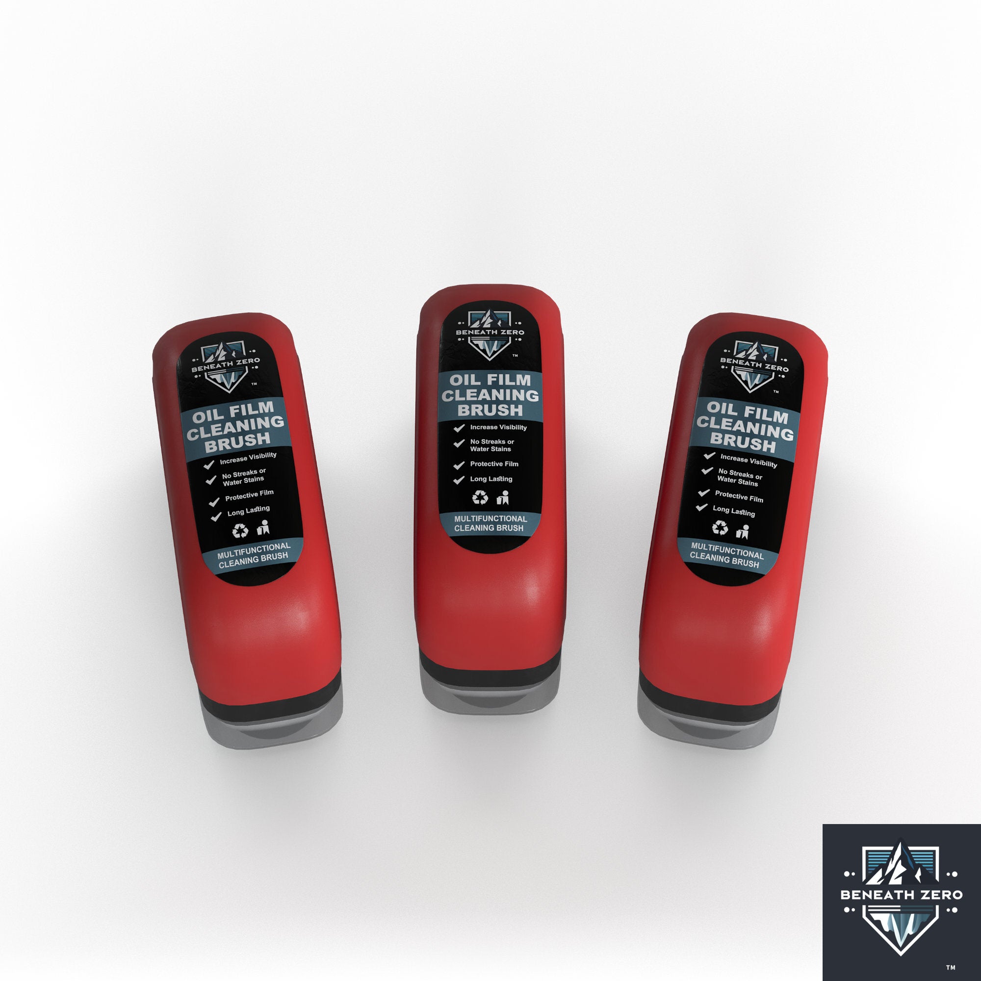 Three red oil film cleaning brushes with labels on a white background, featuring the 'Beneath Zero' brand.
