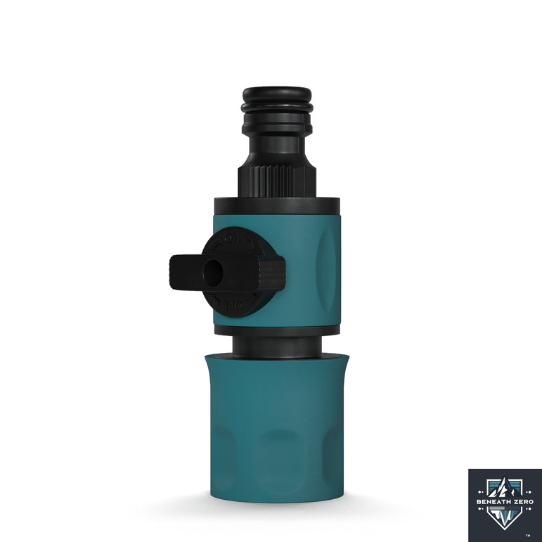 Teal and black water valve on a white background with 'Beneath Zero' branding.